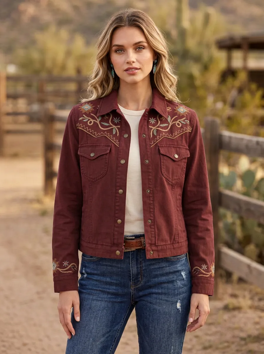 Women's Western Floral Embroidery Floral Embroidered Denim Jacket