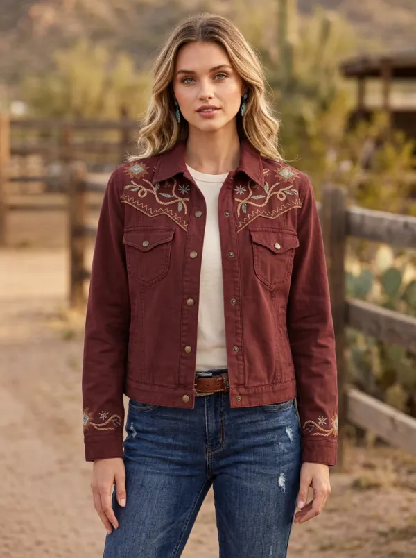 Women's Western Floral Embroidery Floral Embroidered Denim Jacket
