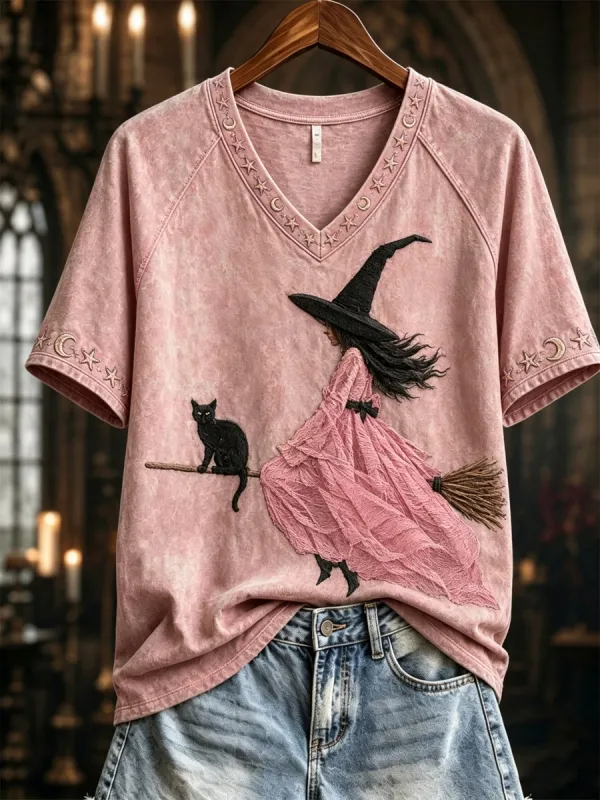 Women's Pink Witch-Themed Print Casual T-Shirt