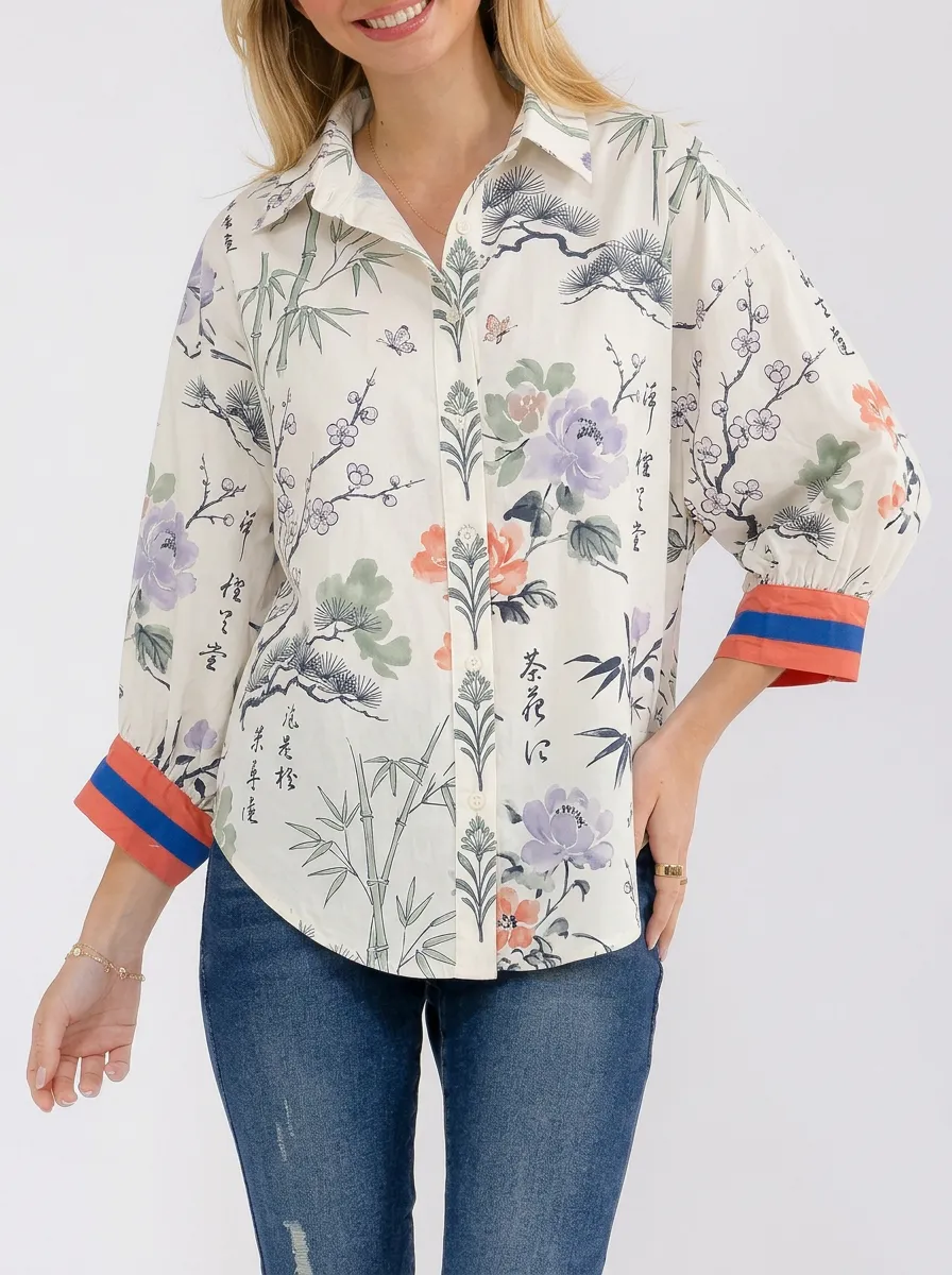 Women's Oriental Floral Bamboo Calligraphy Printed Button-up Shirt