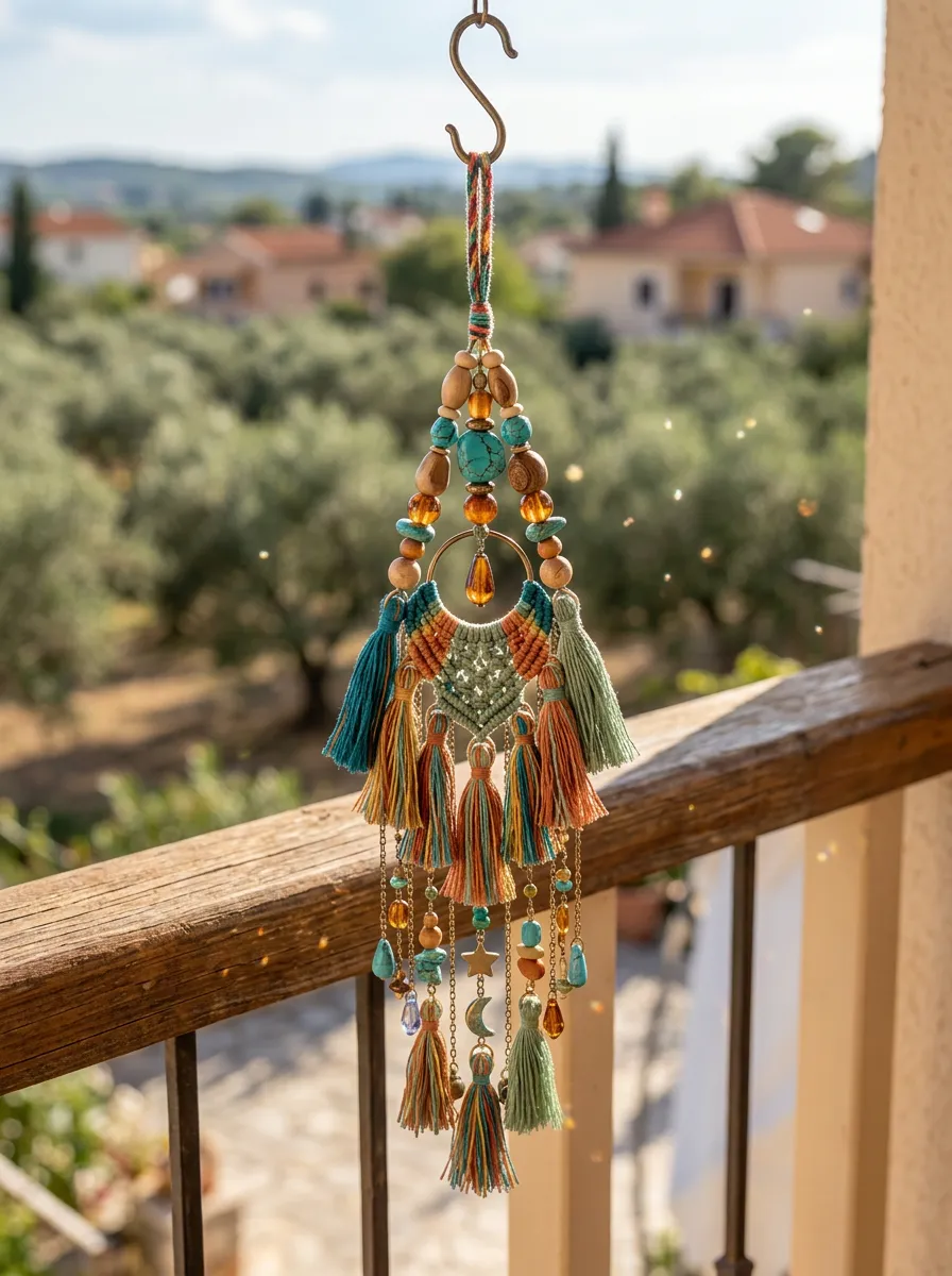 Macrame Turquoise Bead Tassel Suncatcher Hanging Ornament