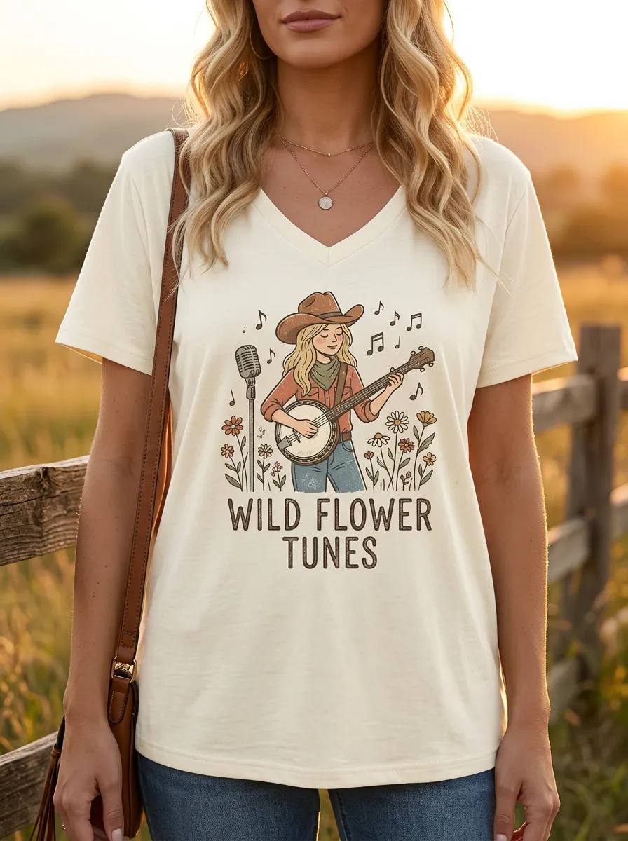 Acoustic-Inspired Banjo Wildflower Custom Country Music V-Neck T-Shirt