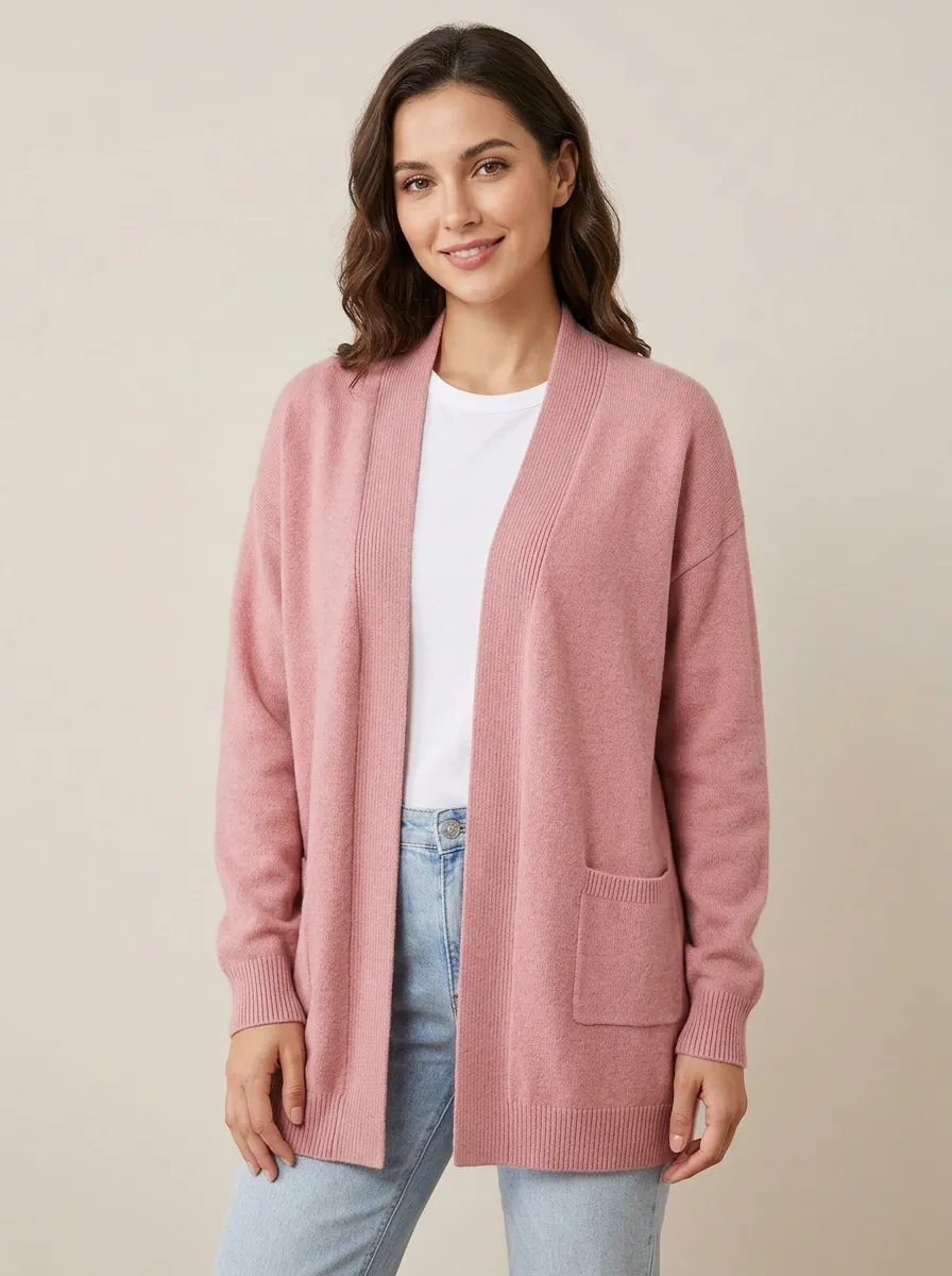 Women's Casual Pink Solid Color Open Front Knit Cardigan