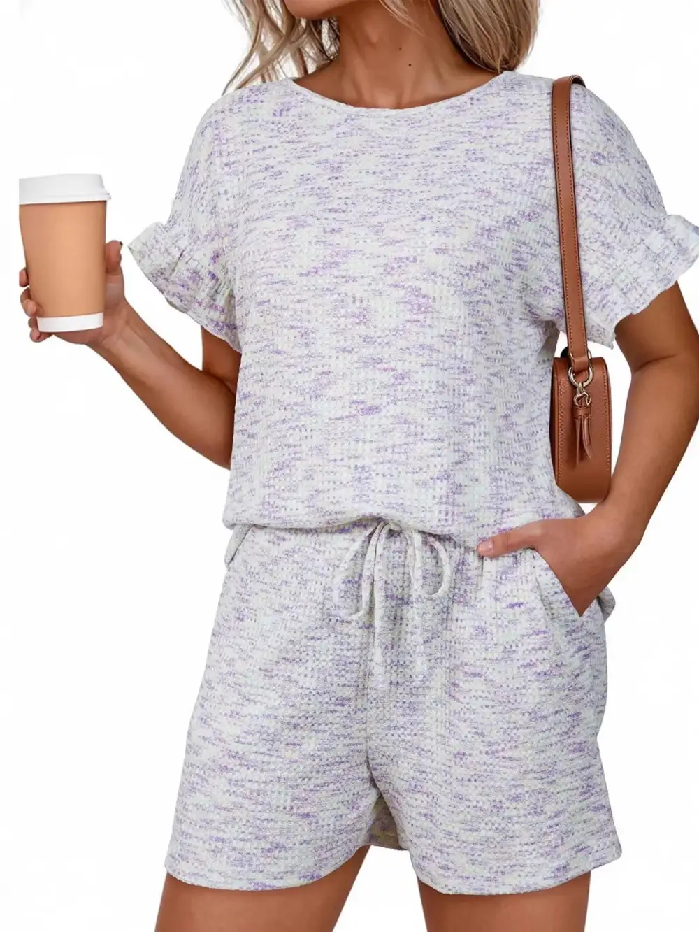 Ruffle Sleeve Textured Top Shorts Set
