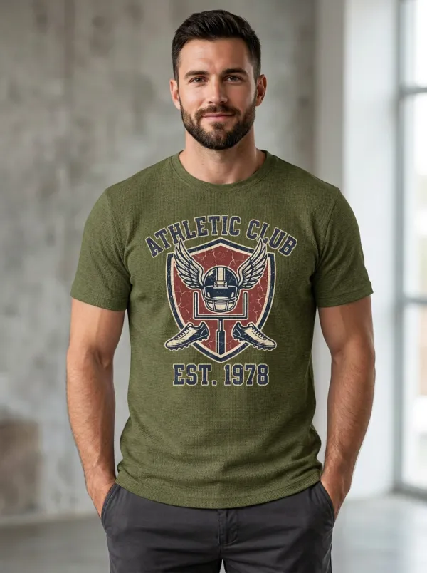 Men's Classic Helmet Football Shield Crew Neck Graphic T-Shirt