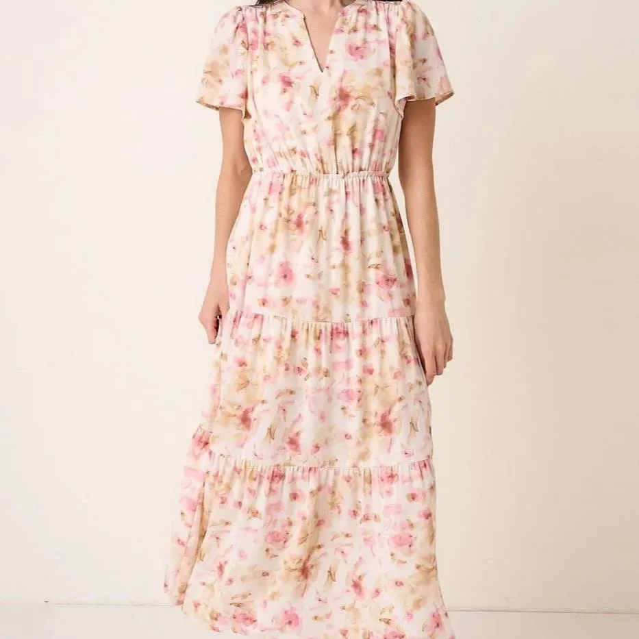 Flower Print Flutter Sleeve V Slit Maxi Dress