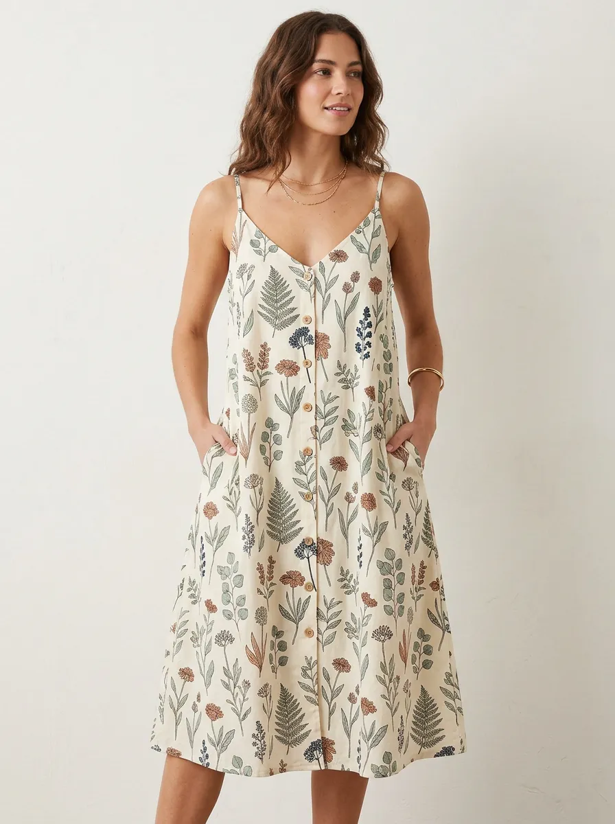 Women's Botanical Wildflower Fern Printed Button-Down Dress