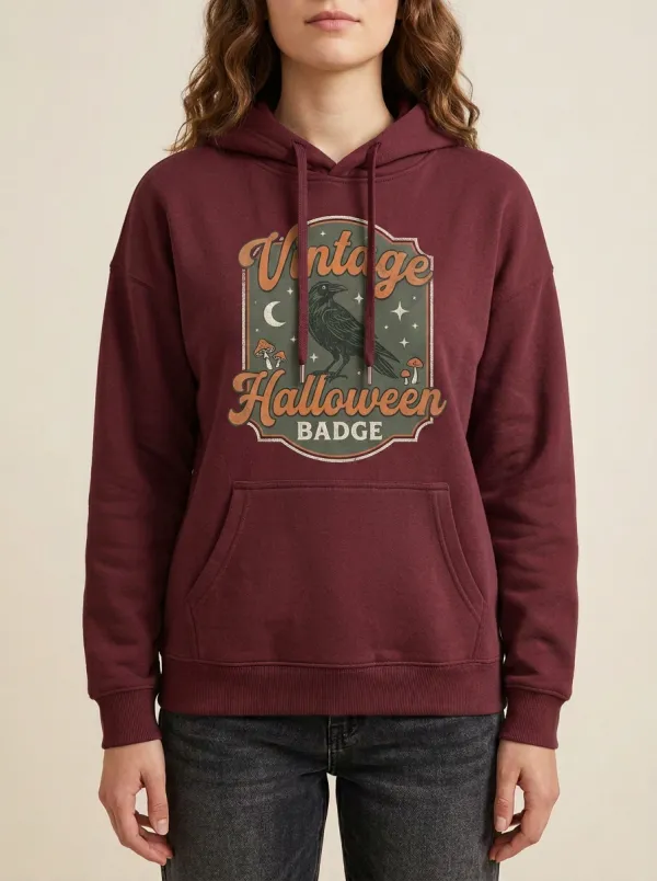 Women's Vintage Halloween Crow Mushroom Printed Hoodie