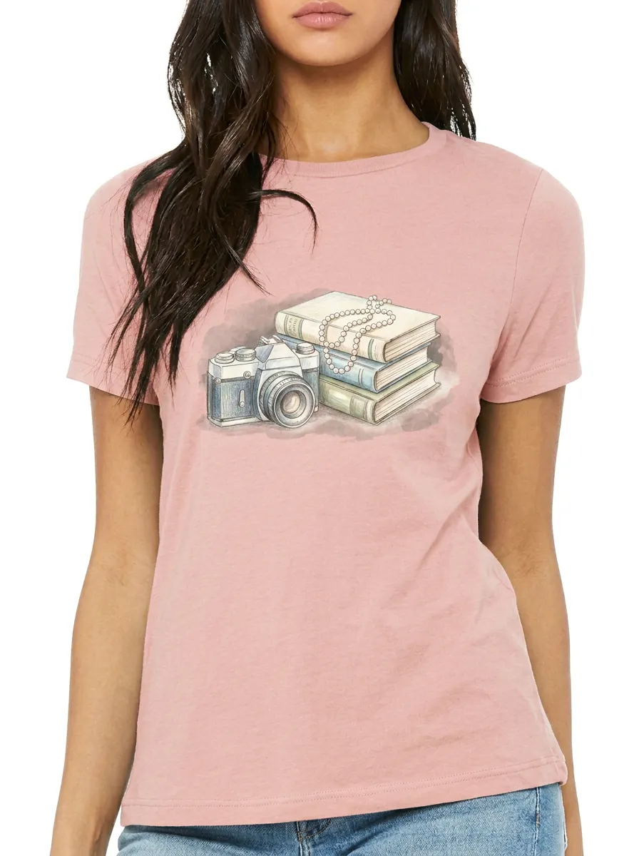 Women's Photographer Book Lover Vintage Camera Printed T-shirt