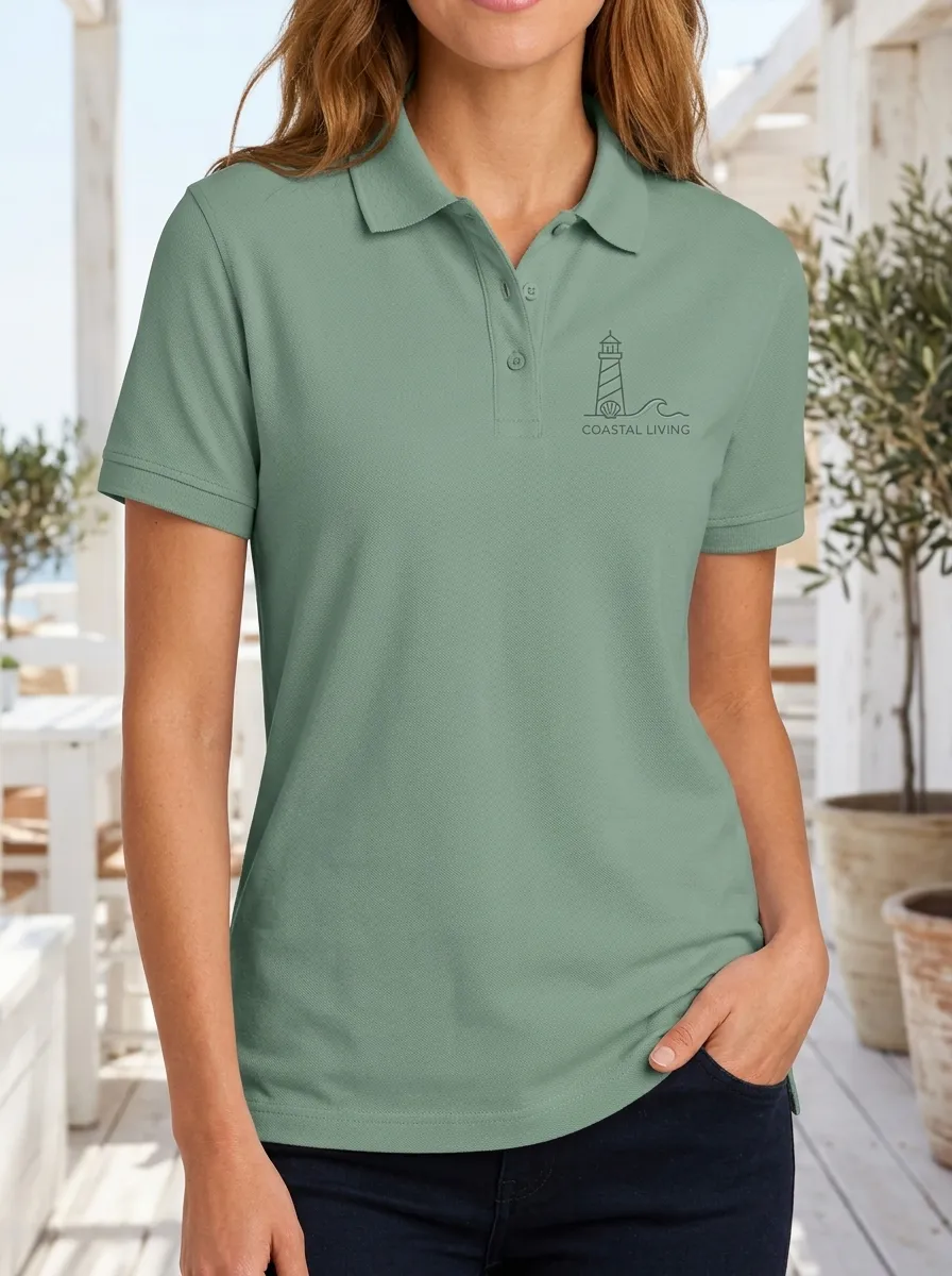 Women's Coastal Living Lighthouse Wave Printed Polo Shirt