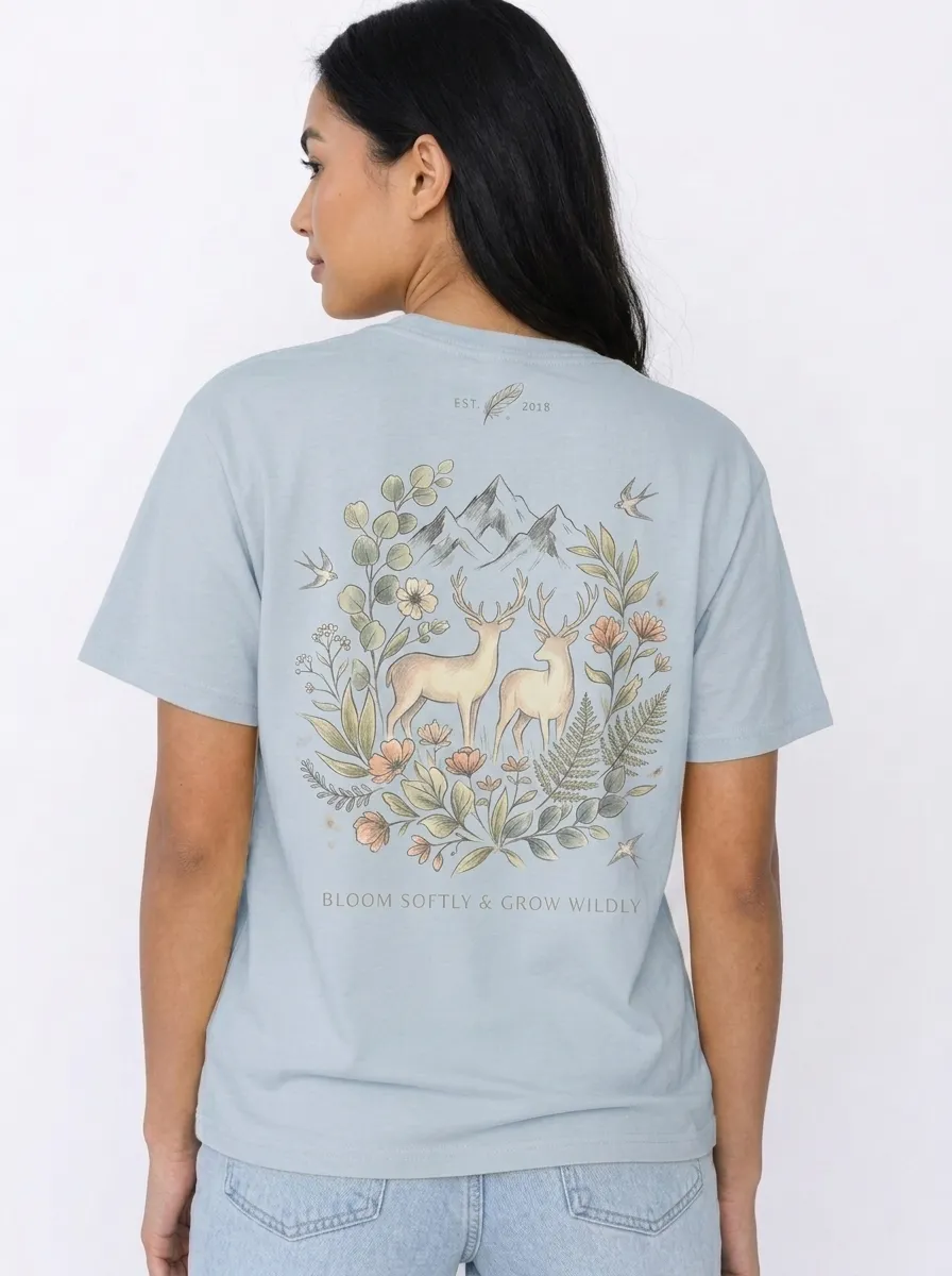Women's Nature Lover Deer Mountain Floral Printed T-shirt