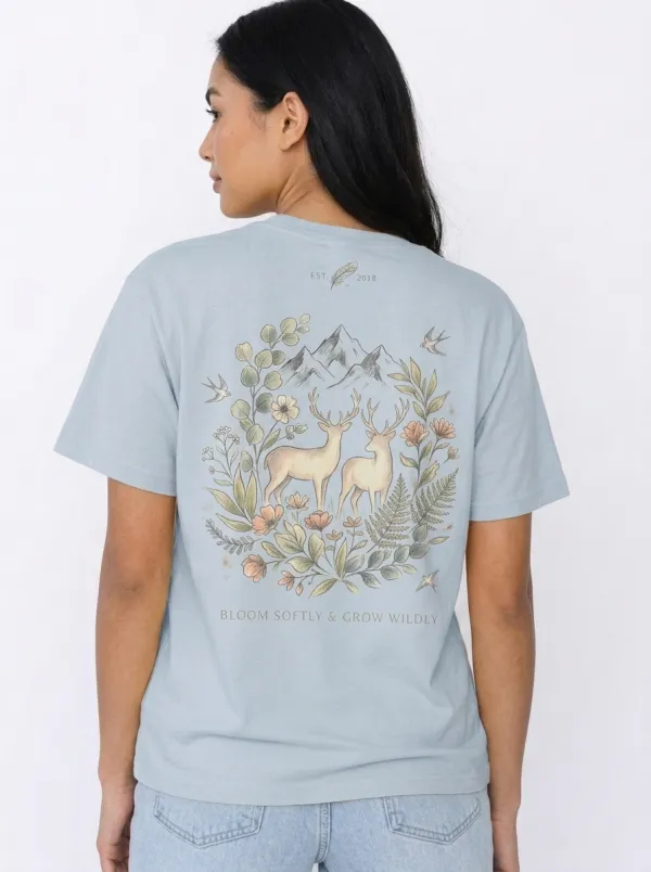 Women's Nature Lover Deer Mountain Floral Printed T-shirt