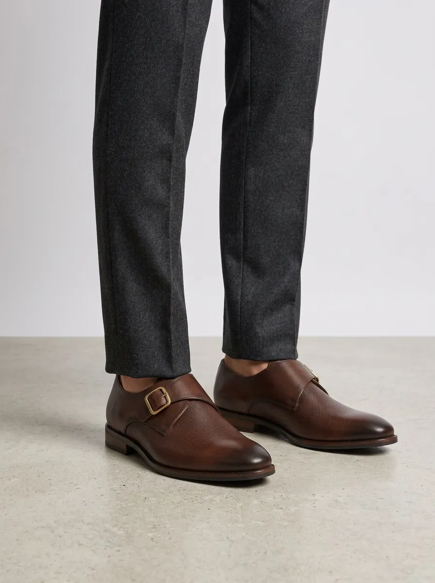 Men's Textured Leather Single Monk Strap Dress Shoes