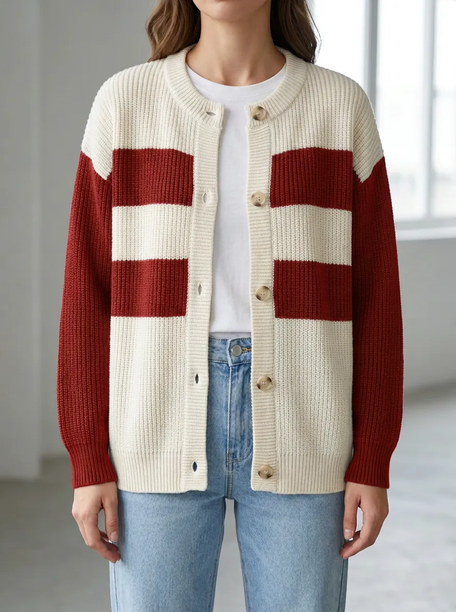 Classic Knit Distinctive Rugby Striped Knit Cardigan