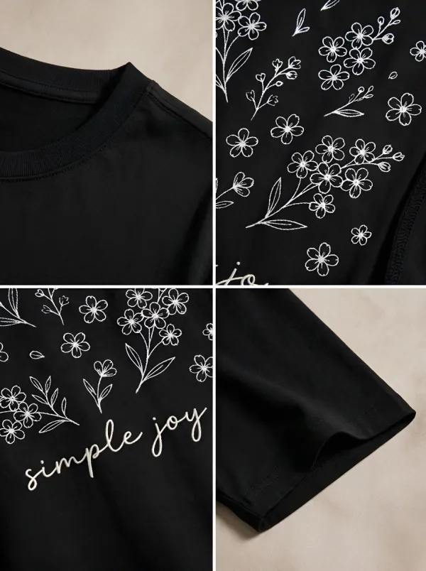 Women's Simple Joy Floral Botanical Line Art Printed T-shirt