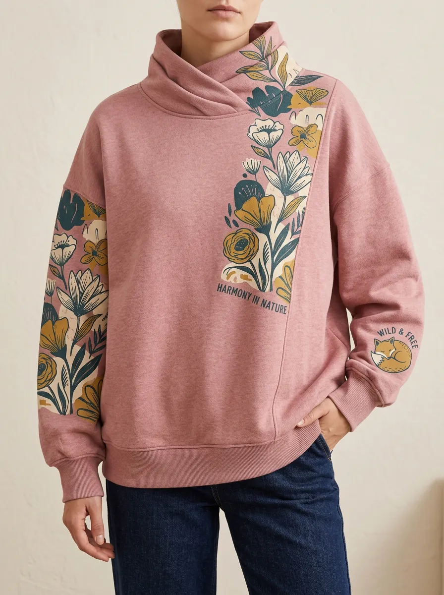 Nature Lover Floral Fox Cowl Neck Sweatshirt