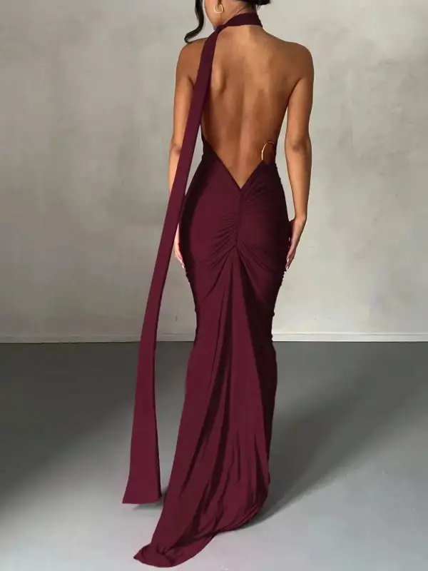Backless One Shoulder Ruched Bodycon Maxi Dress