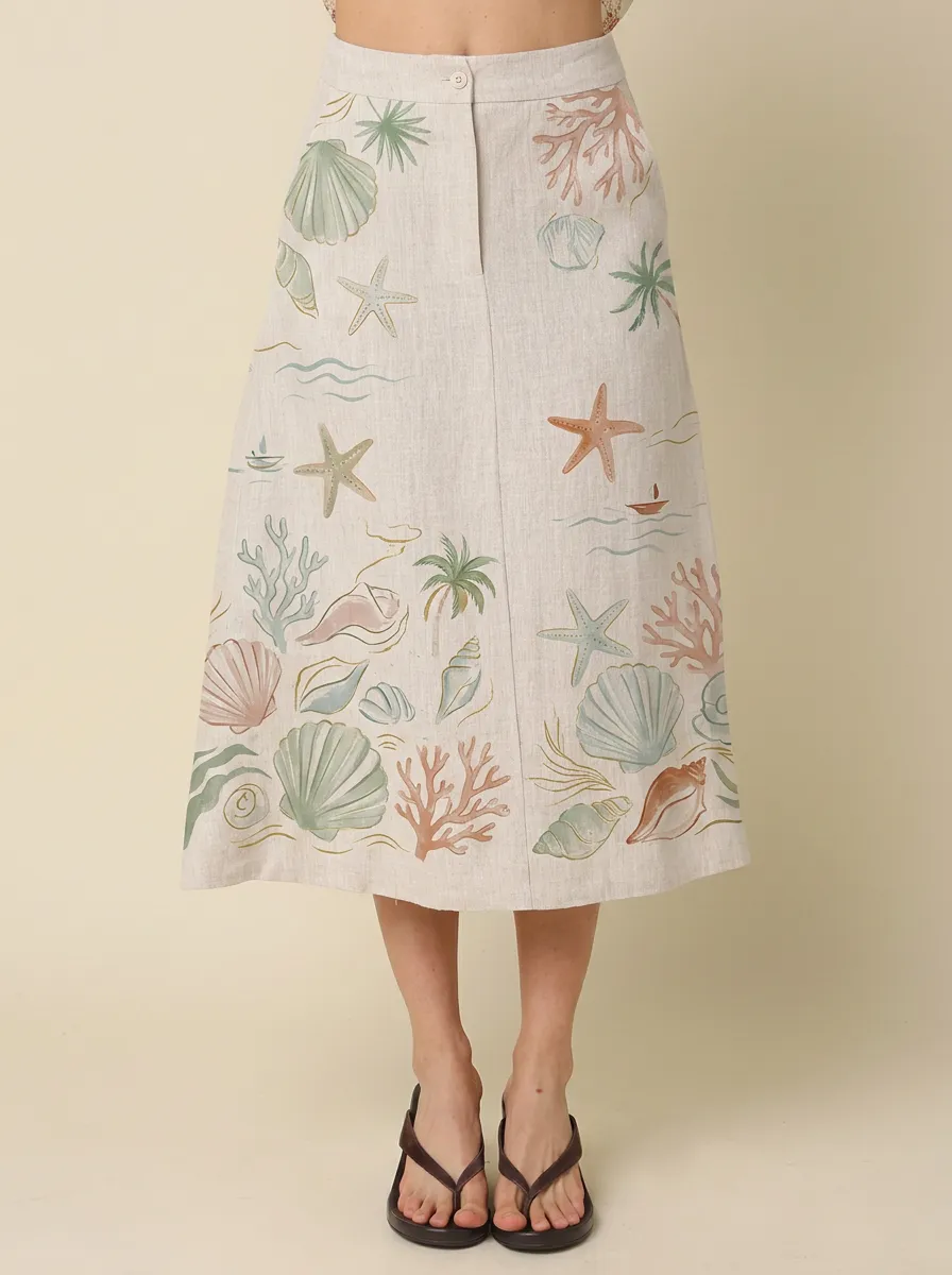 Women's Beach Lover Seashell Starfish Coral Printed Midi Skirt