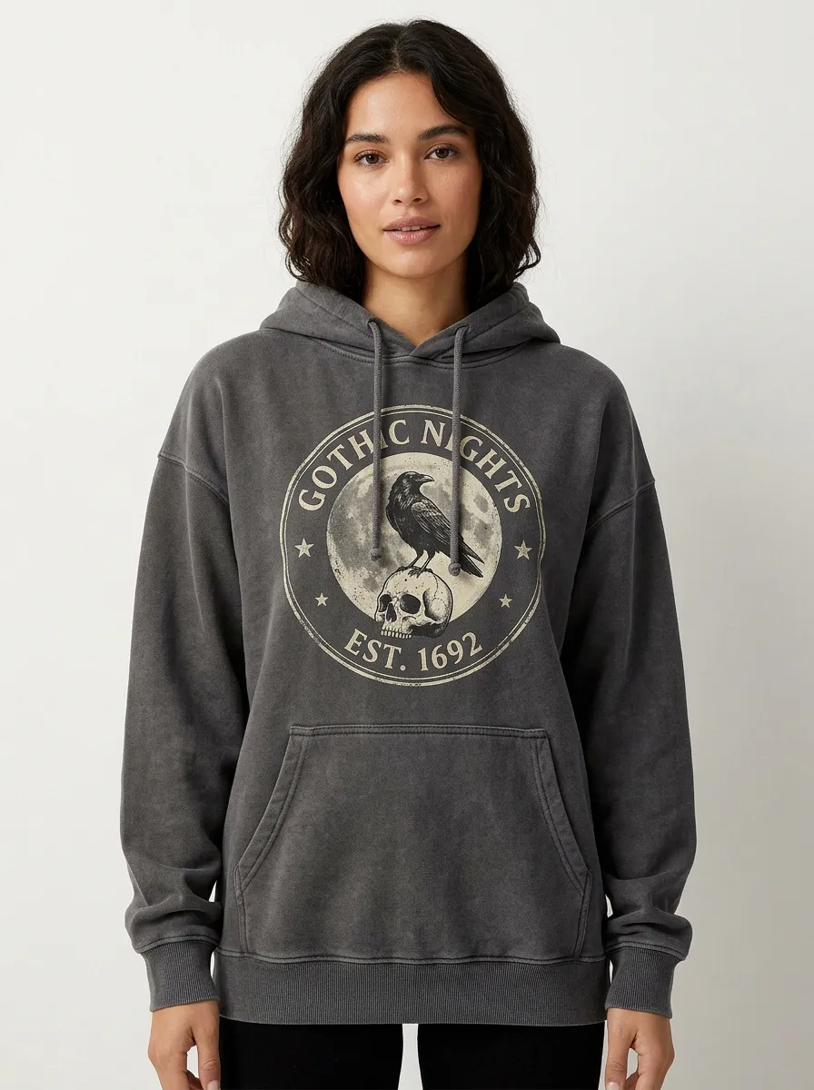 Women's Halloween Gothic Raven Skull Moon Printed Hoodie