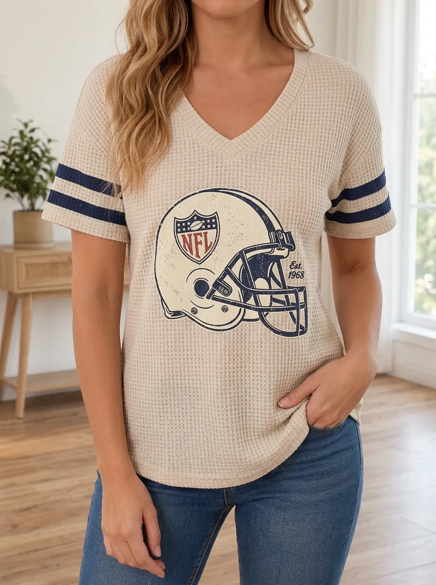 Women's Game Day Football Fan Vintage Helmet Printed Waffle Knit Top