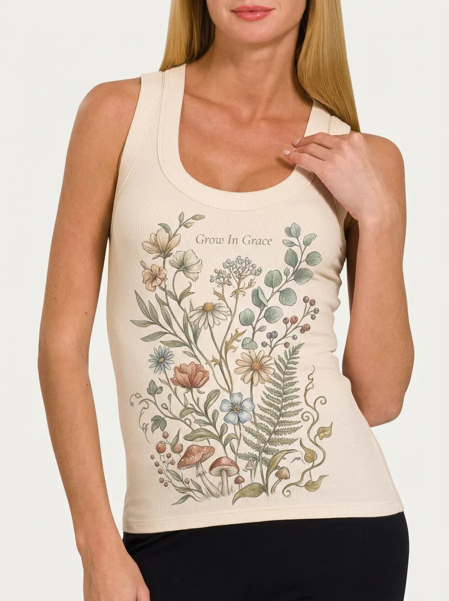 Women's Christian Faith Grow In Grace Wildflower Mushroom Printed Tank Top