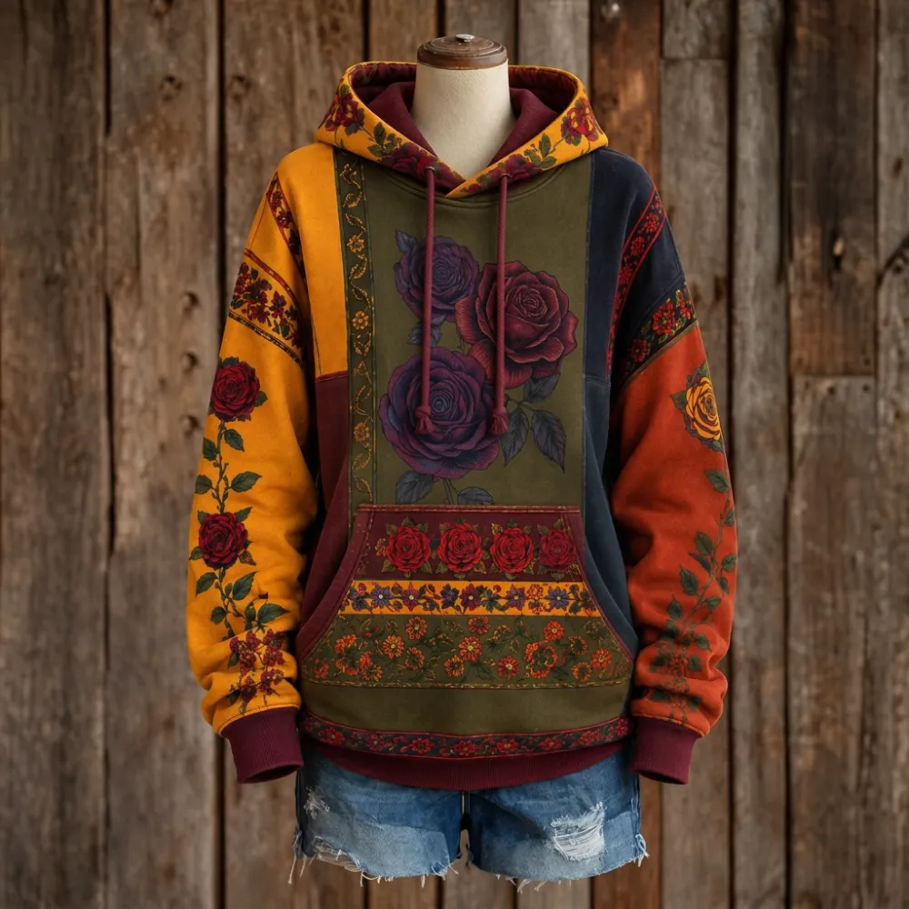Women's Western Boho Rose Floral Patchwork Printed Hoodie