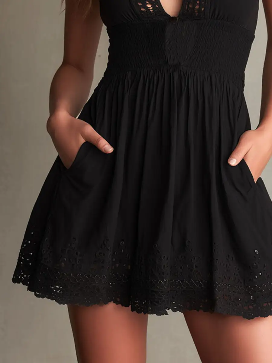 Boho Chic Black Eyelet Embroidery Mini Dress