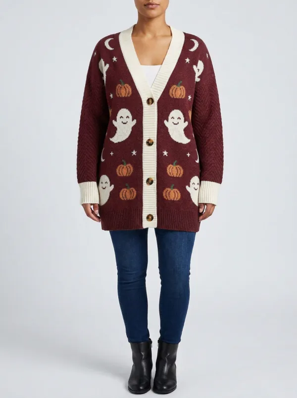 Women's Halloween Ghost Pumpkin Pattern Knitted Cardigan