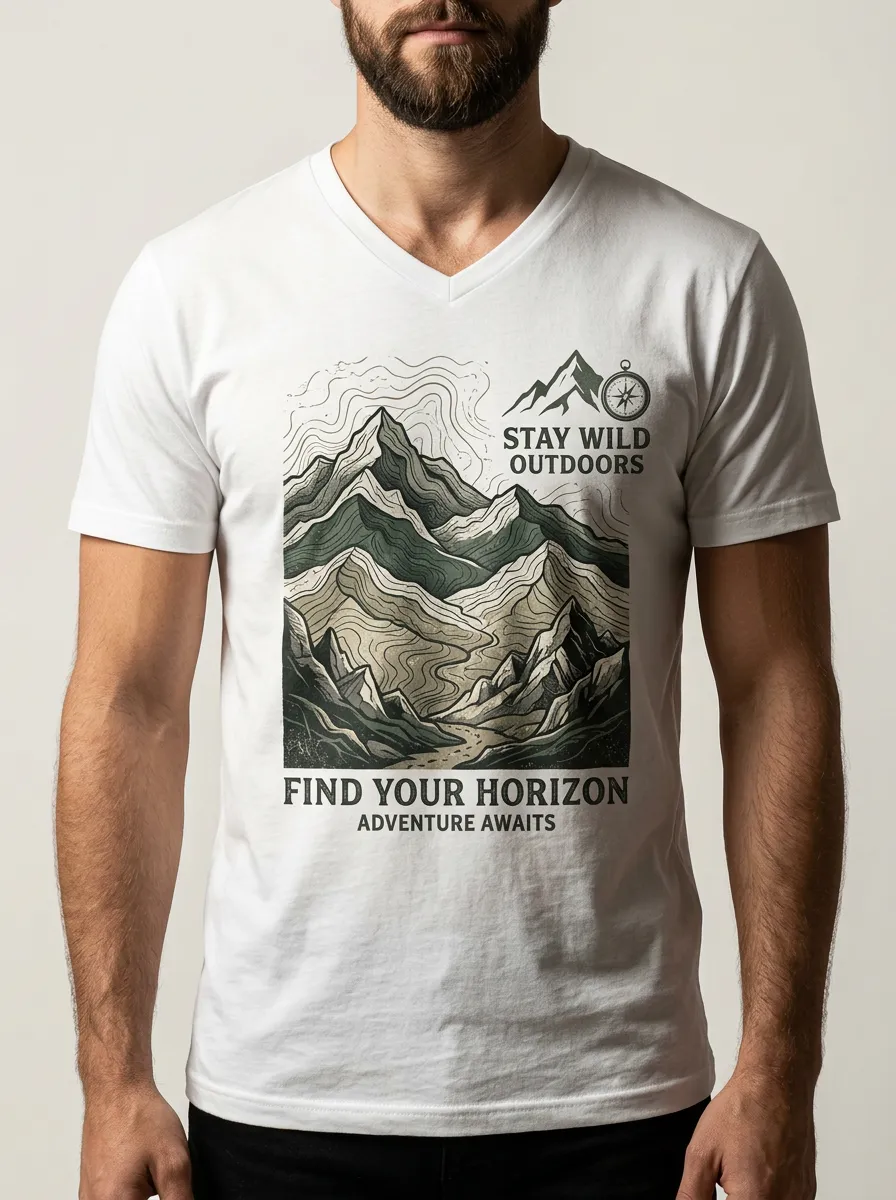 Men's Outdoor Adventure Mountain Compass Printed V-neck T-shirt