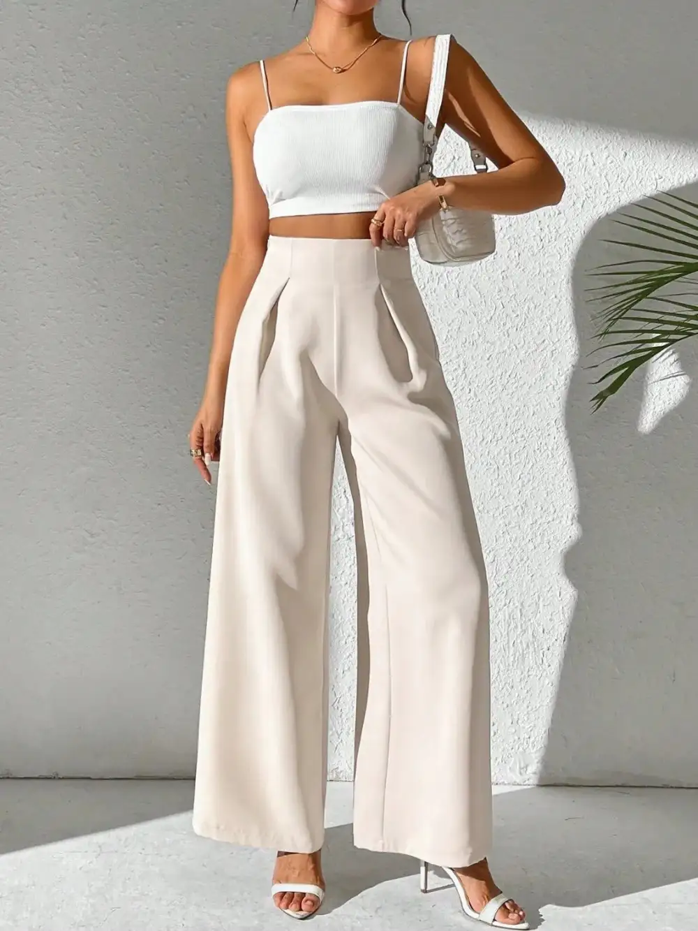 Textured Wide Leg High Waist Pants