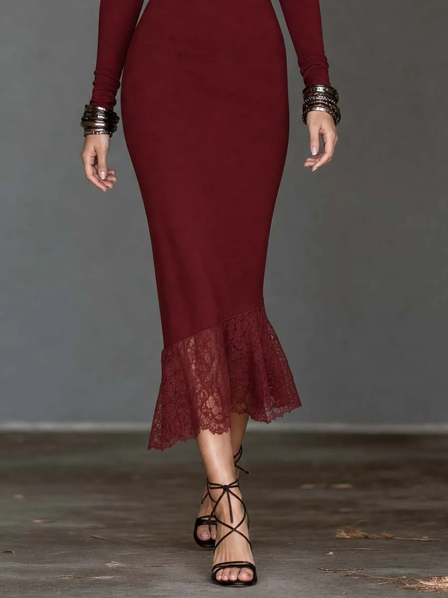 Boho Wine Red Contrast Lace Turtleneck Long Sleeve Bodycon Midi Dress