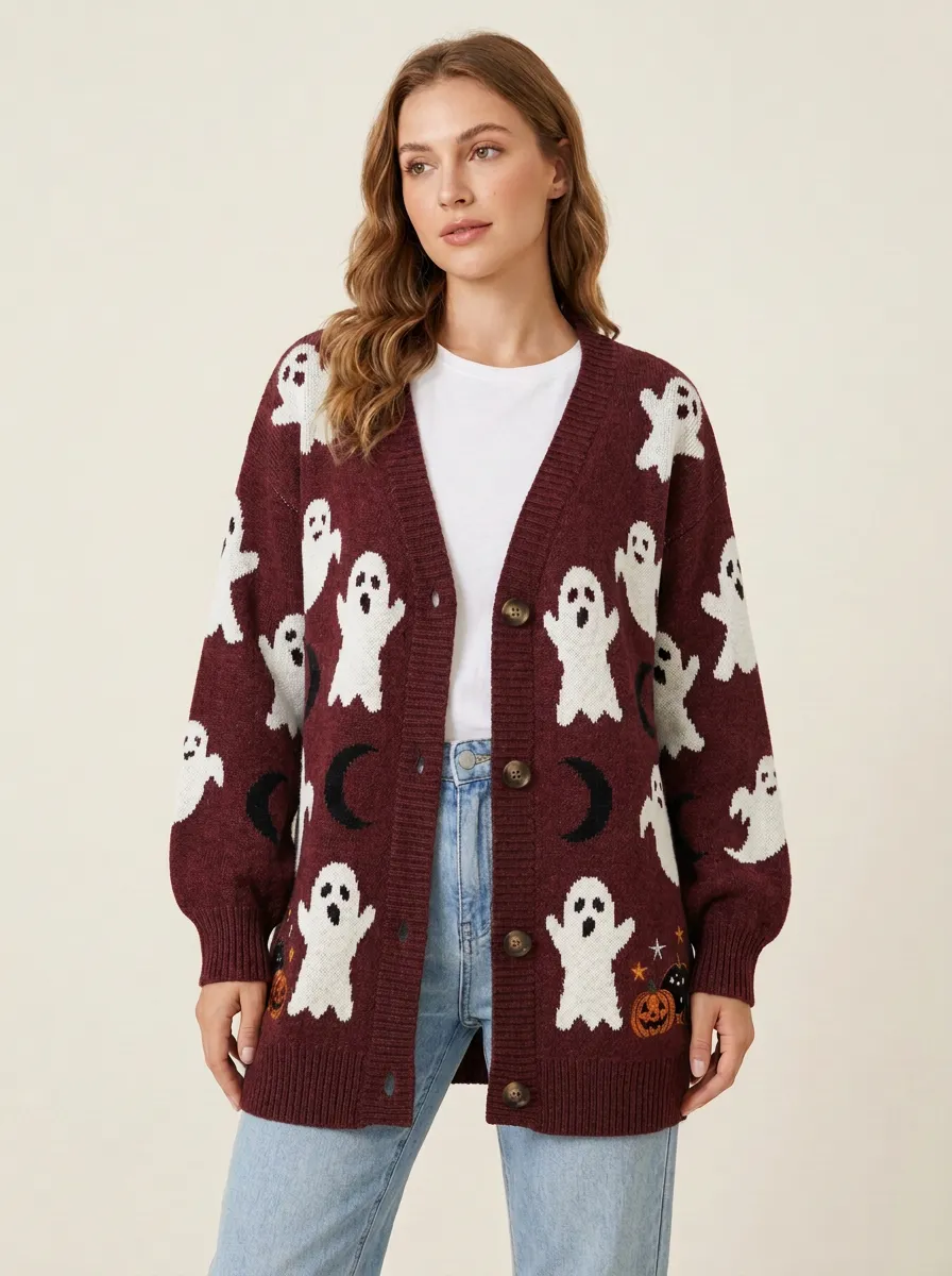 Women's Halloween Ghost Moon Pumpkin Pattern Knitted Cardigan