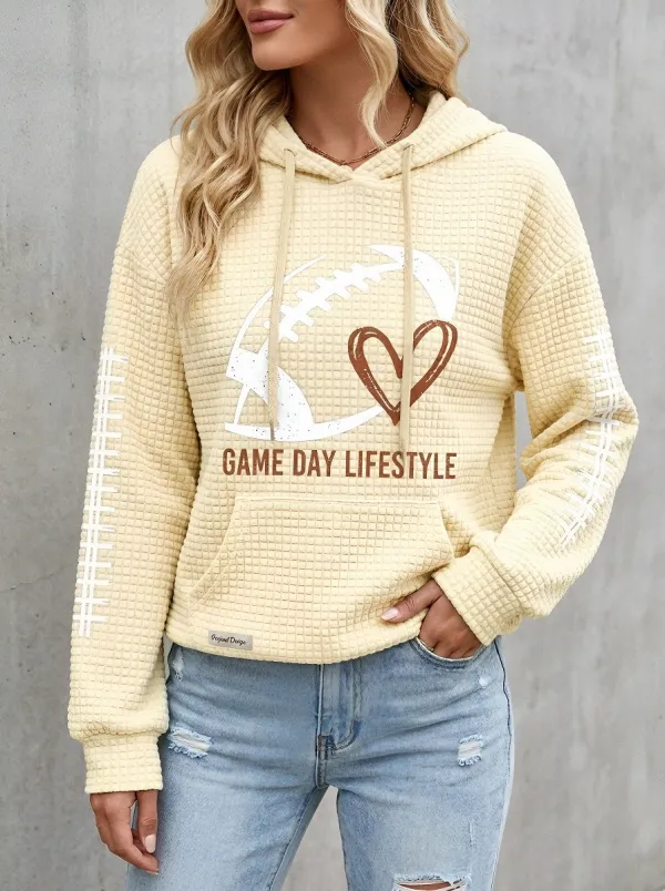 Women's Weekend Football Lover Game Day Heart Printed Waffle Hoodie