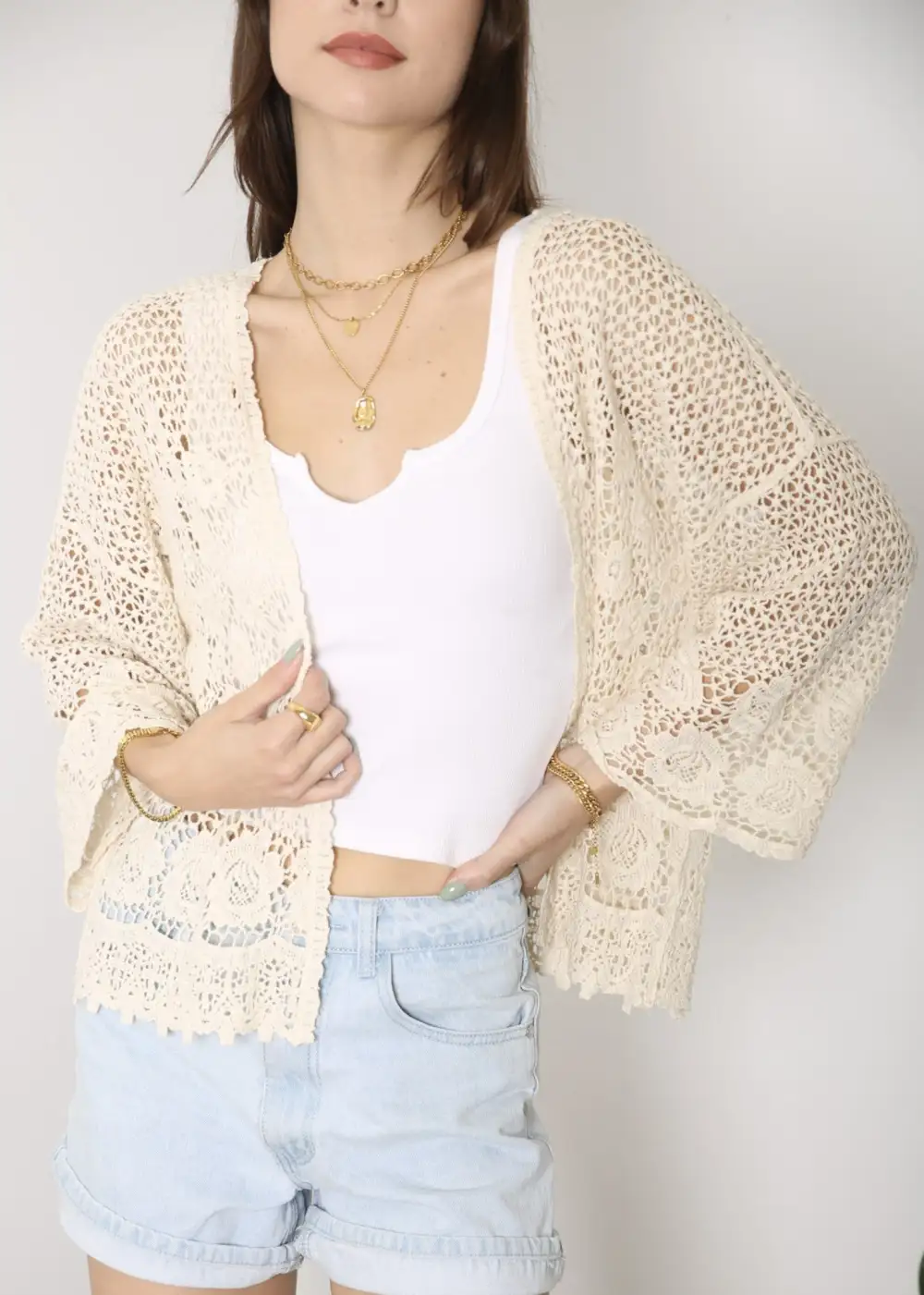 High-Waist Distressed Scalloped Embroidered Cropped Cardigan