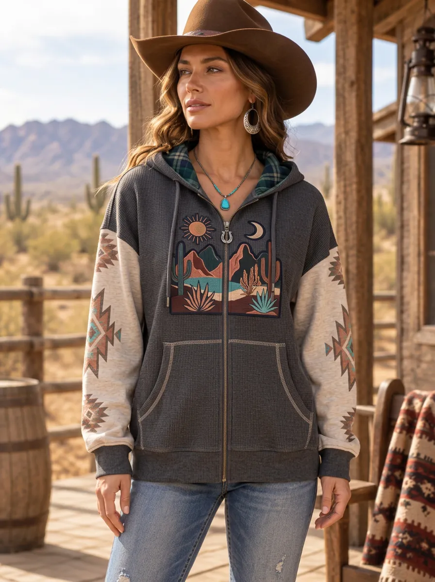 Women's Western Desert Cactus Sun Moon Printed Zip-up Hoodie
