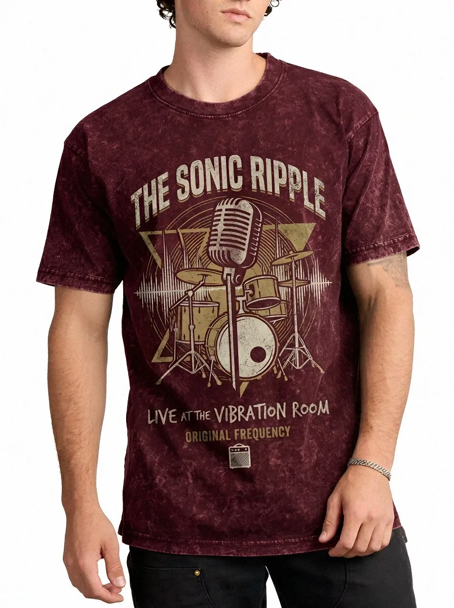 Men's Rock Band Microphone Drum Printed Acid Wash T-shirt
