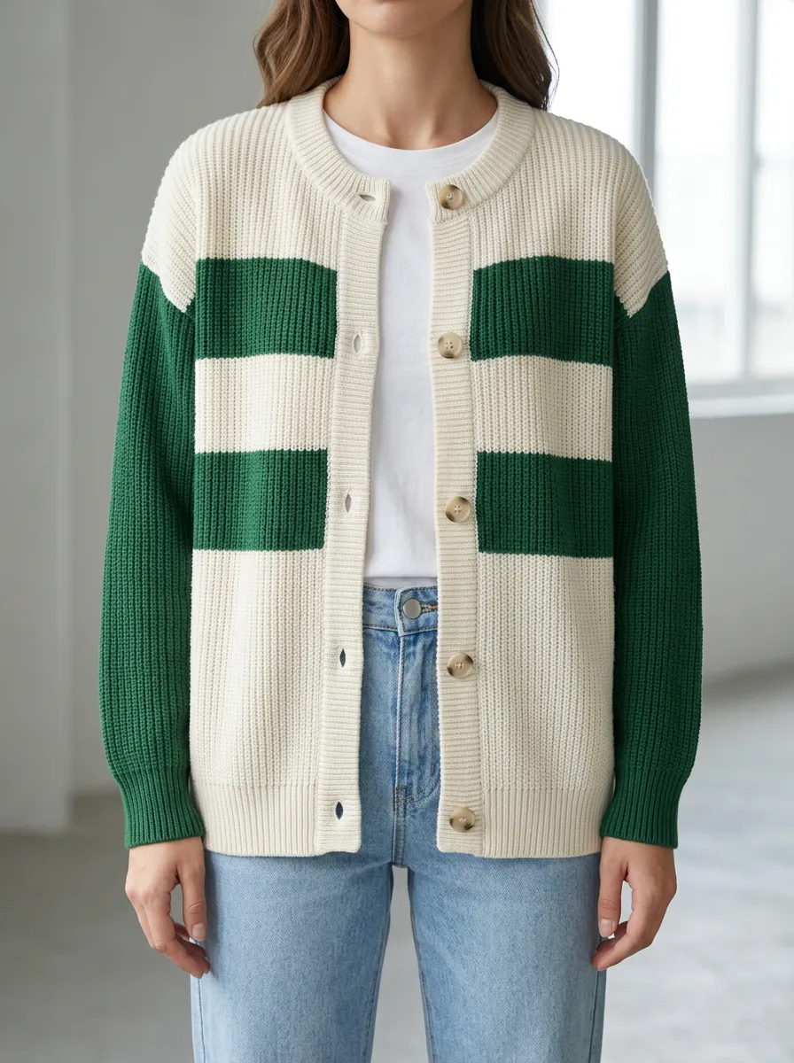 Classic Knit Distinctive Rugby Striped Knit Cardigan