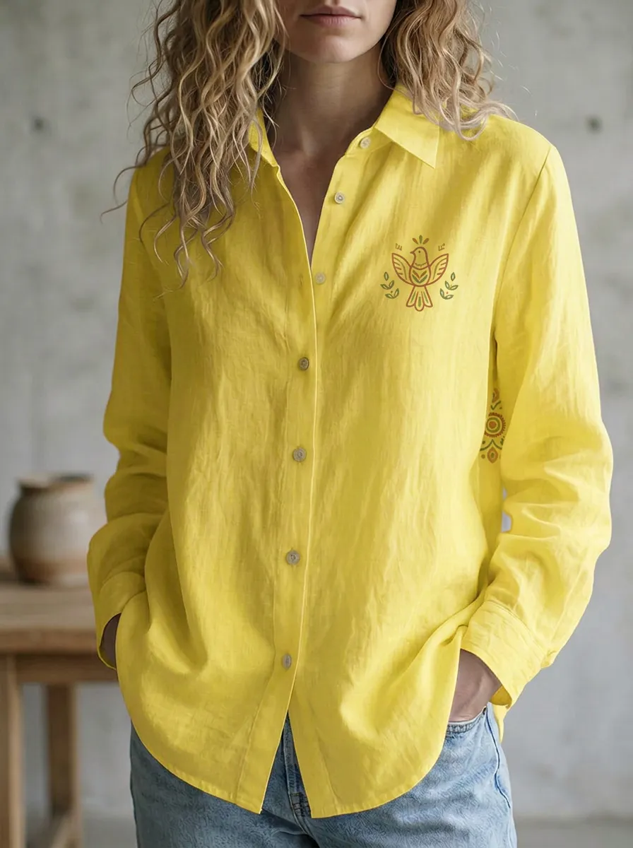 Women's Boho Nature Lover Bird Floral Printed Button-down Shirt