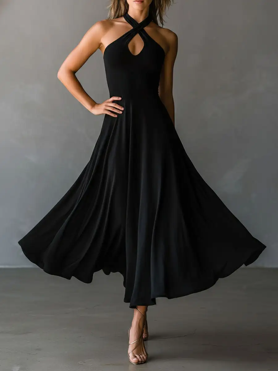 Retro Black Halter Cross Tie-back A-Line Midi Dress