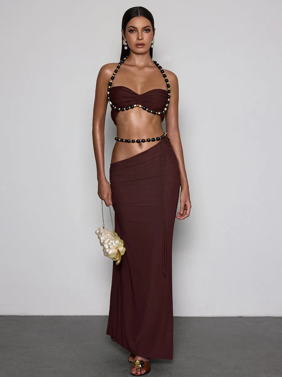 Zuri Halterneck Ruched Skirt Set In Coffee