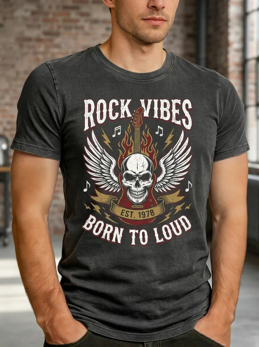 Men's Rock Music Lover Skull Guitar Wings Printed T-shirt