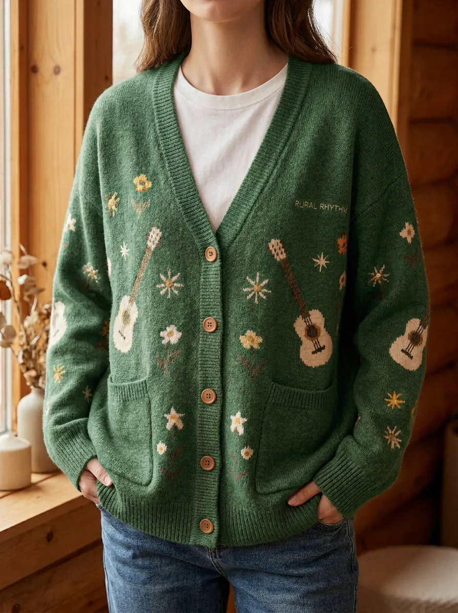 Rustic Folk-Motif Women's Country Music Knit Cardigan