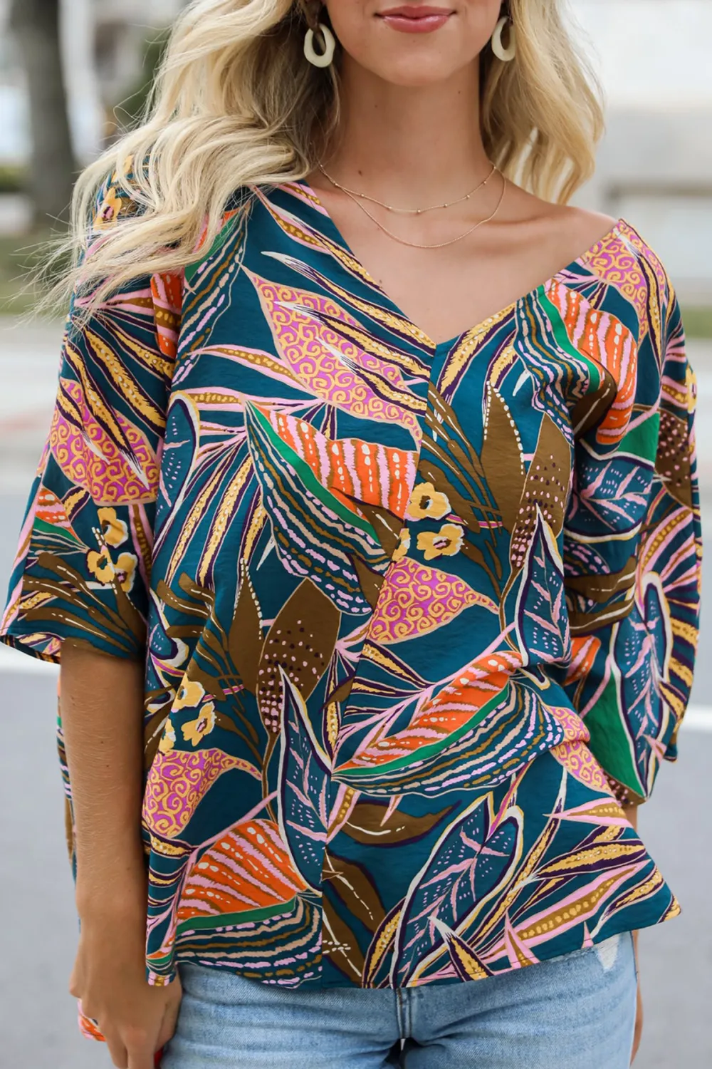 Teal Leaf Print Oversized Blouse