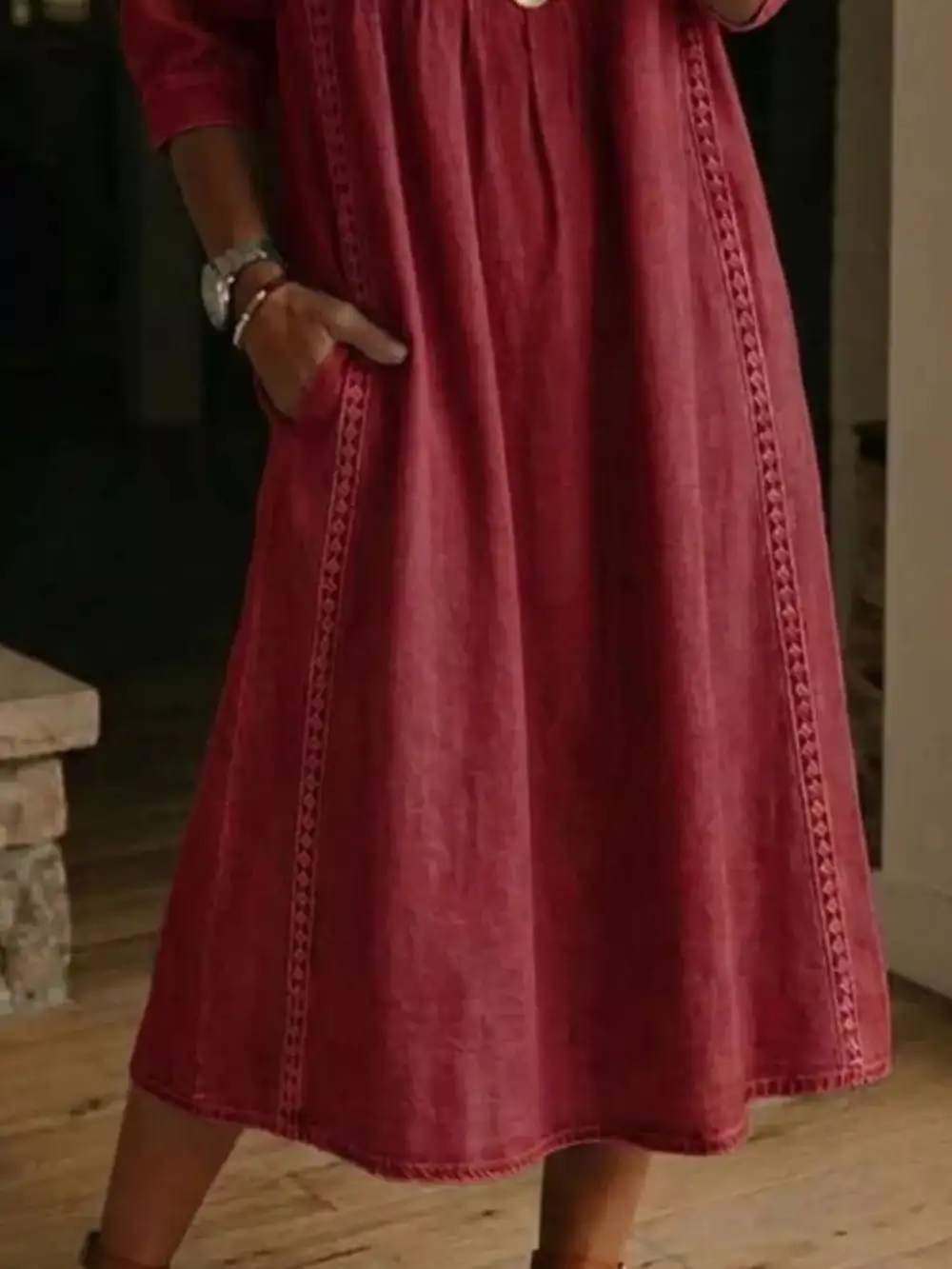 V-Neck Three-Quarter Sleeve Midi Dress