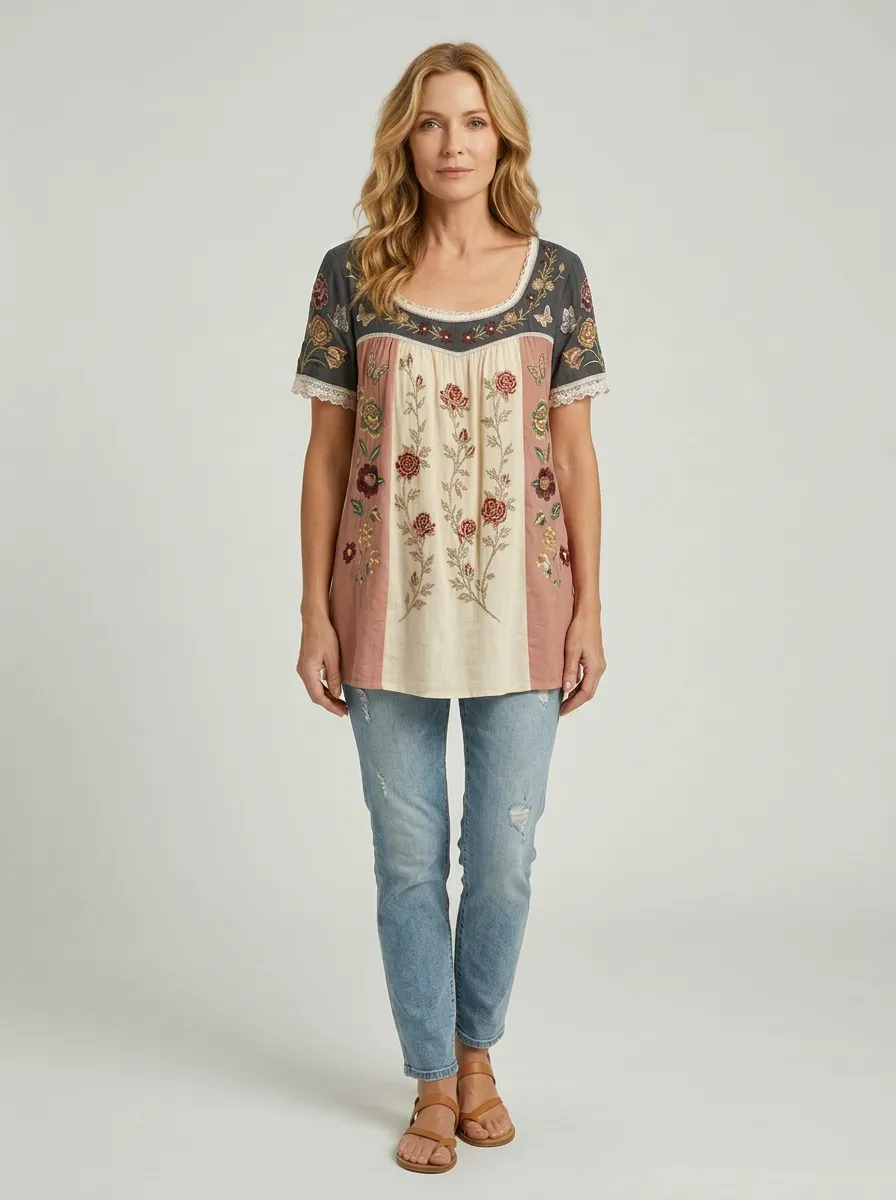 Women's Floral Butterfly Bohemian Embroidered Short Sleeve T-shirt