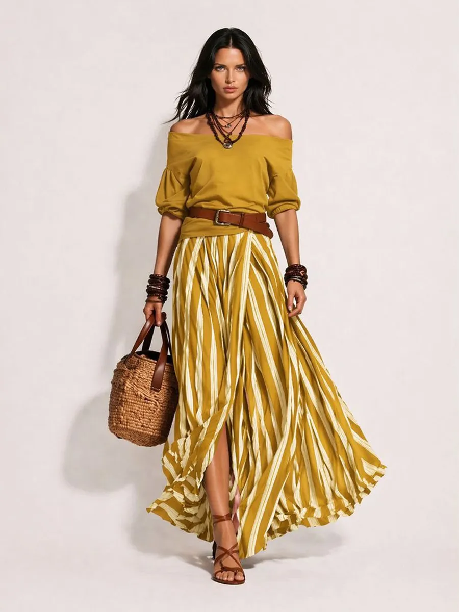 Arlette Women's Vacation-Style Off-Shoulder Top and Slit Skirt Set