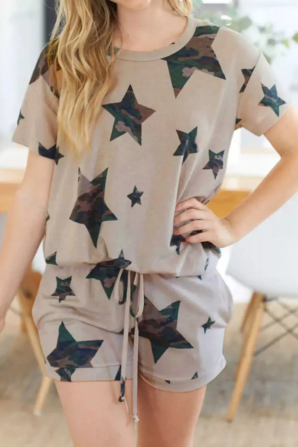 Drawstring Camouflage Tee and Shorts Lounge Set