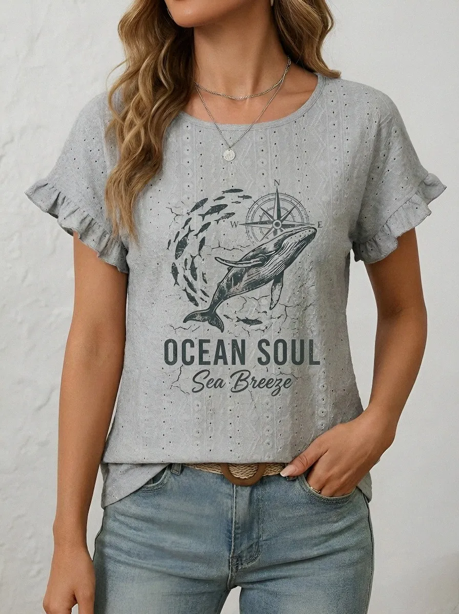 Women's Whale Compass Printed Ruffle Top