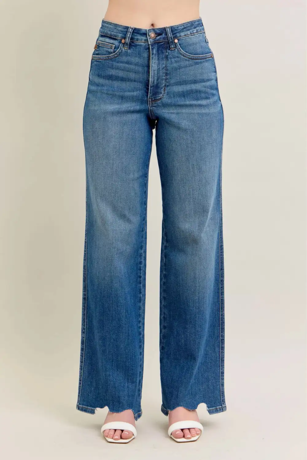 Full Size High Waist Tummy Control Chew Hem Destroy Wide Jeans Plus Size