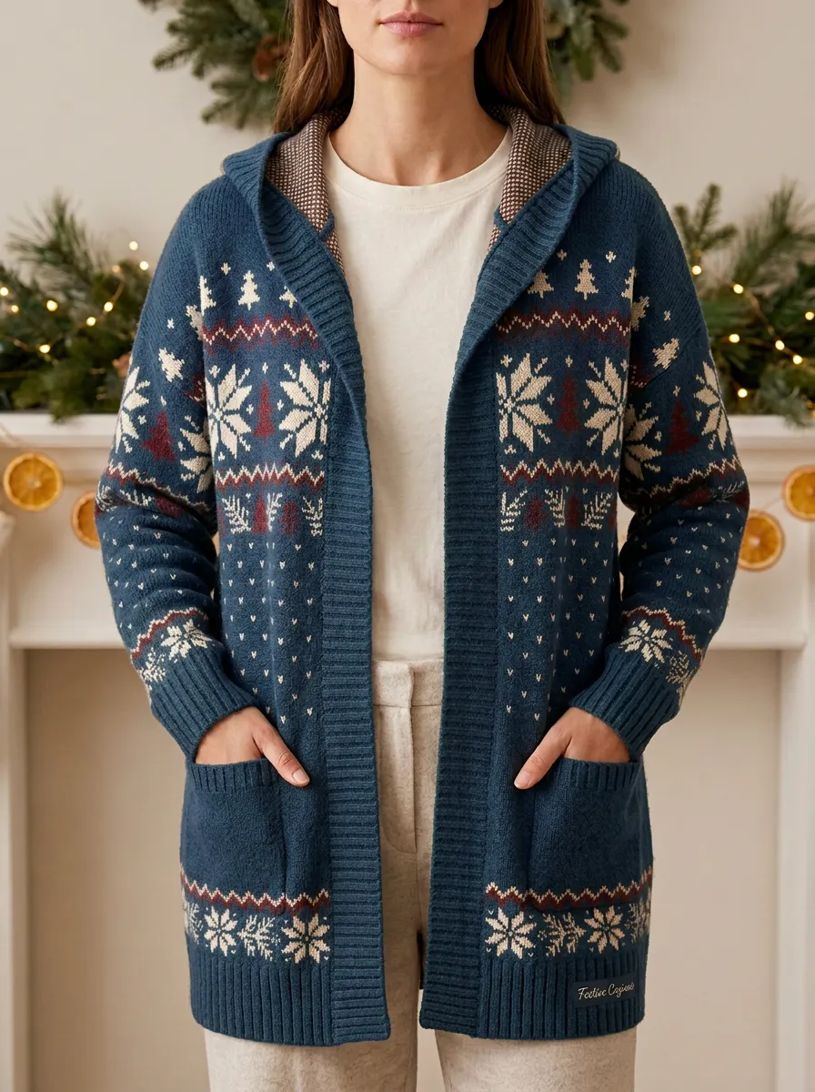 Christmas Holiday Snowflake Tree Pattern Knit Hooded Cardigan